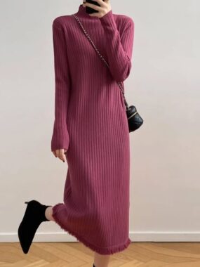 Long Sleeve Ruffled Hem Thick Midi Dress