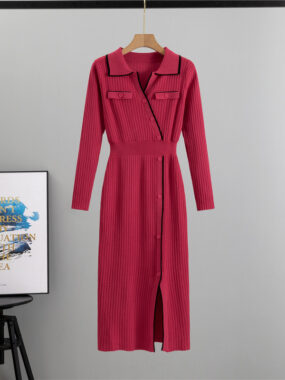 Lapel Collar Tight Wrap Knit Maxi Dress