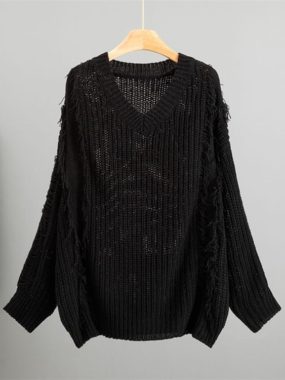 Loose Fit V-Neck Tassel Long Sleeve Sweater