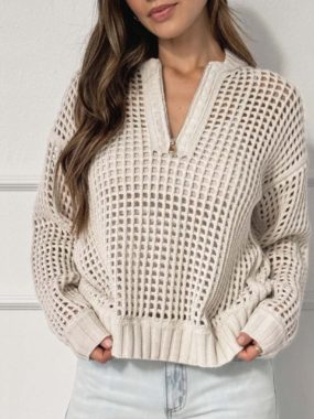 Half Zip Long Sleeve Knit Hollow Mesh Sweater
