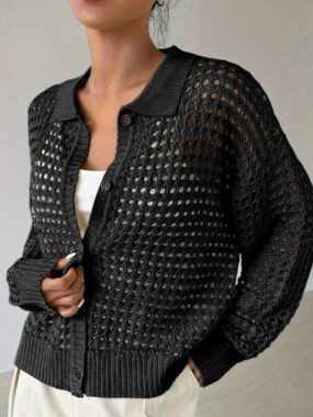 Button Up Lapel Collar Mesh Knit Jacket Sweater