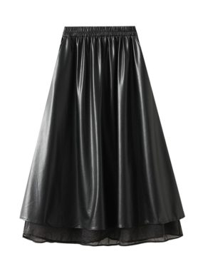 PU Leather Midi Skirt With Sheer Hemline