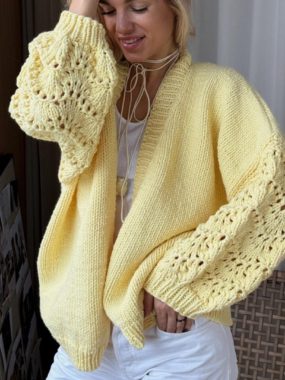 Hollow-Out Lantern Sleeves V-Neck Open Cardigan