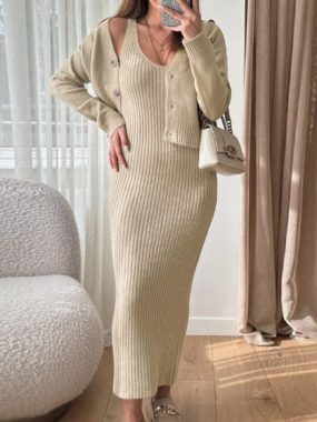 Women's Autumn And Winter Set Of Long Slim Sleeveless Knitted Dress And A Long Sleeve V-Neck Cardigan
