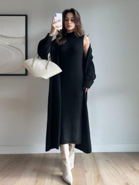 Set Of Long Cardigan And Sleeveless Textured Dress