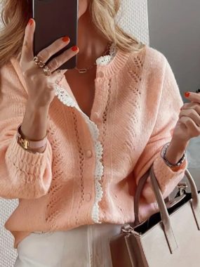 Pink Button Up Sweater With White Edge Lace