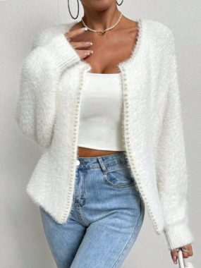 Knitted V-Neck Beaded Open Cardigan