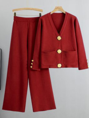 Knit Classic Jacket With Large Gold Buttons and Pants Set