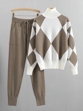 Lattice Design Sweater And Lounge Casual Knit Jogger Pants