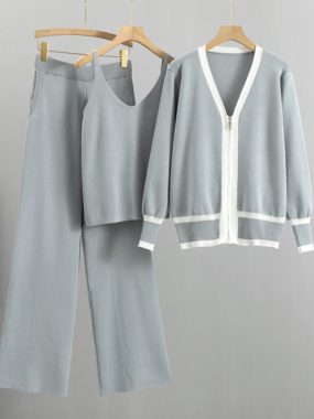 Brimmed V-neck Cardigan, Camisol Top, and Pants Set