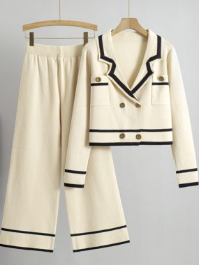 Lapel Collar Jacket And Wide Legged Pants with Stripes