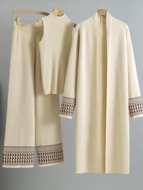 Coat, Sleeveless High Collar Vest and Wide Leg Pants Set