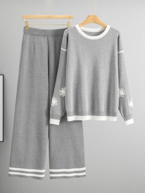 Floral Embroidery Sweater with Striped  Hem Pants