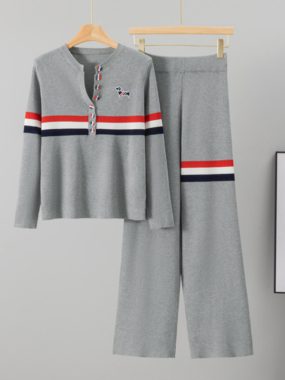 Colored Striped Round Neck Button Up Sweater and Pants
