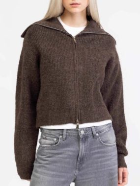 Thick Loose Fit Zip Up Cardigan With Spread Collar