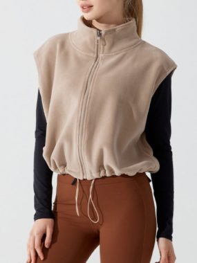 Fleece High Collar Zip Up Vest With Drawstrings On Hem