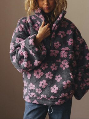 Floral Pattern High Collar Zip Fleece Sweatshirt