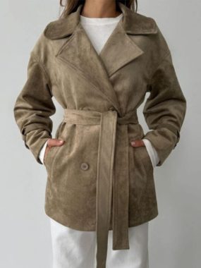 Lapel-Collar Tie-Waist Vintage Suede Jacket