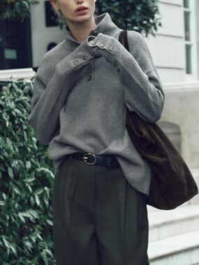 High Neck Big Buttons Long  Sleeve Sweater