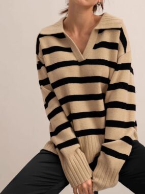 Knitted Polo Collar Striped Sweater