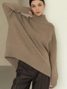 High Ribbed Collar Boxy Knit Long Sweater