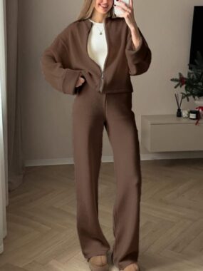 Zip Up Jacket And Casual High Waist Pants