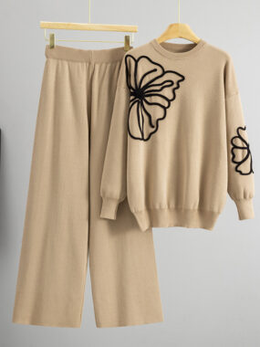 Floral Pattern Knitted Sweater With Wide-Leg Casual Pants