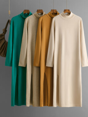 Half Turtleneck Knit Maxi Dress With Side Slit