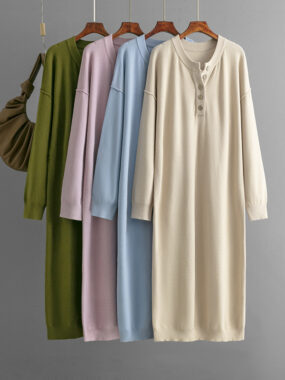 Button Up Mandarin Collar Long Dress