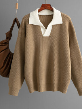 Loose Fit Contrast Lapel Collar Knitted Sweater