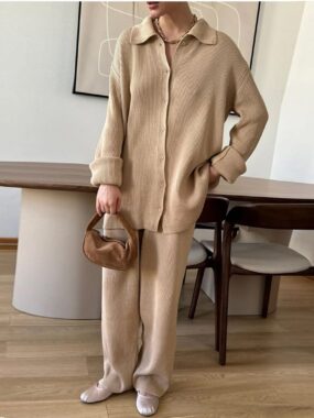 Lapel Collar Knit Buttoned Cardigan with Relaxed Pants