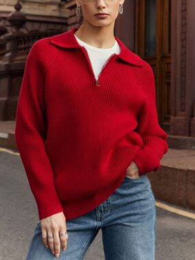 Thick Ribbed Knitted Sweater With Half Zip Lapel Collar