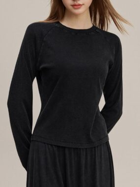 Long Sleeve Ribbed Cotton Blend Round Neck Top