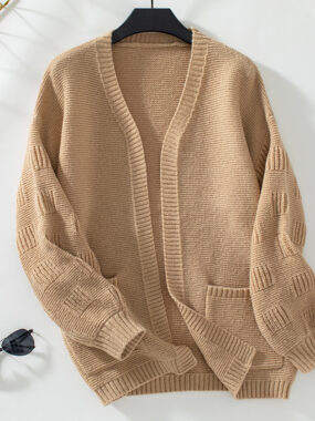 V-Neck Knit Textured Sleeves Open Cardigan