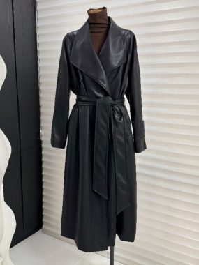 Belted Faux Leather Trench Coat With Large Lapel Collar