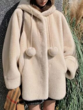 Faux Fur Loose Fit Hooded Jacket with Ponpon
