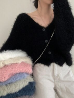 Fluffy Faux Fur V-Neck Buttons-Up Cardigan