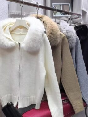Knit Classic Cardigan With Faux Fur Hoodie