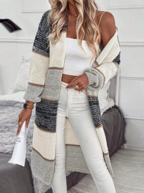 Striped Casual Loose Mid Length Cardigan