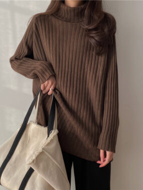 Ribbed Knitted Long Turtleneck Sweater