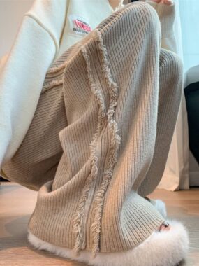 Winter Knitted Wide Leg Pants with Side Frills