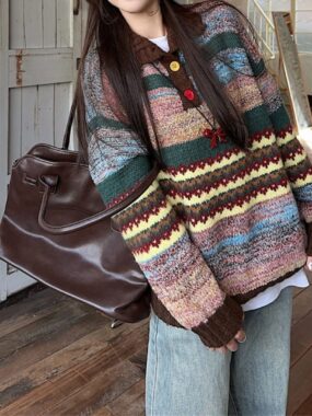 Striped Knitted Colorful Polo Collar Sweater