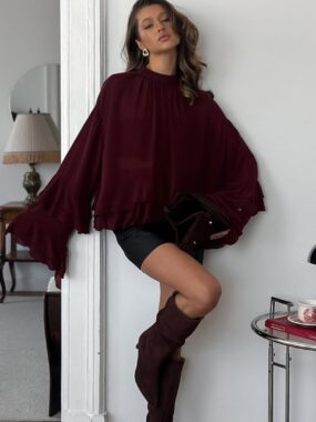 Chiffon Top With Ruffled And Layered Puffy Sleeves