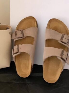 Genuine Suede Leather Buckle Slippers