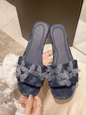 Butterfly Faux Leather Open Toe Flat Slipper