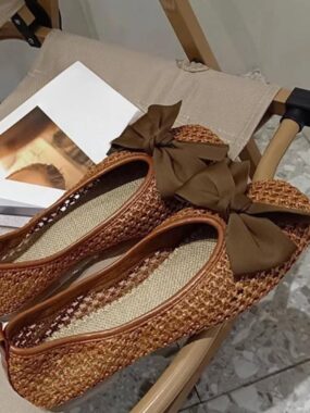 Ribbon Bowknot Flat Hollow Straw Ballerina