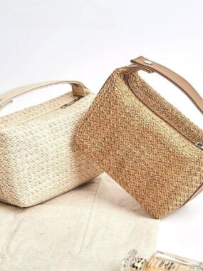 One Strap Portable Straw Woven Cosmetic Pouch