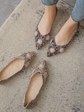 Classy Pointed Toe Fully Beaded Flat Ballerina