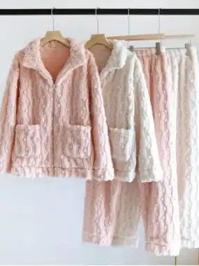 Zippered Thick Flannel Zigzag Fleece PJ Set
