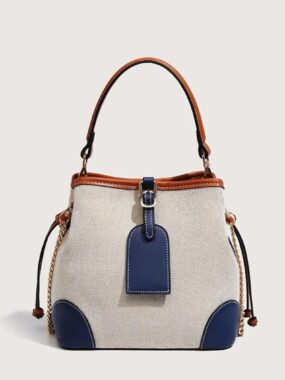 Canvas Bucket Bag With Colored Leather Accents